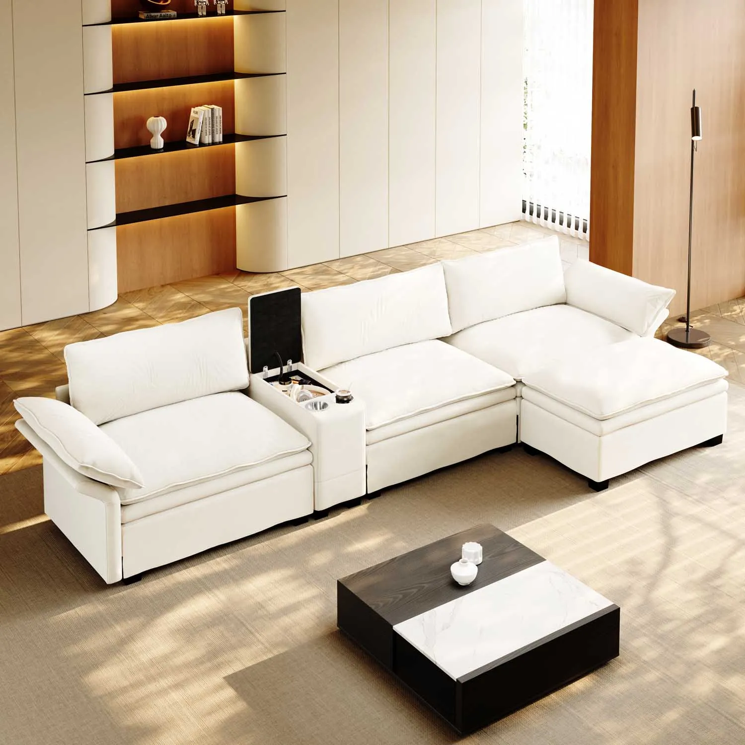 Modulares 315 cm L‑Sofa aus Chenille mit Aufbewahrung, Ottoman, drahtlosem Laden, Bluetooth-Lautsprecher, LED-Licht & 2 Getränkehaltern – Cloud Couch für Wohnzimmer & Büro – Beige/Weiß