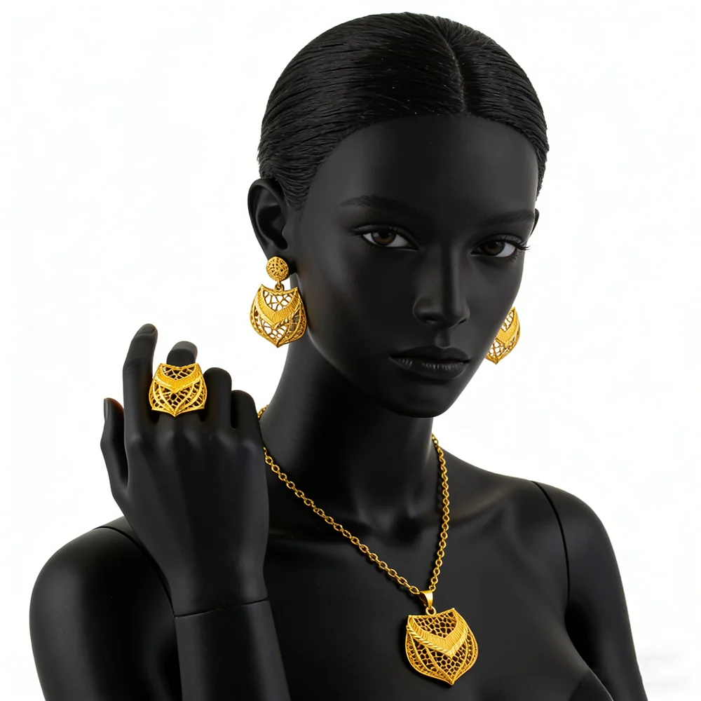 

ethiopian jewelry set gold Special design Necklace and earrings Rings set for women high quality plated jewelry sets gifts