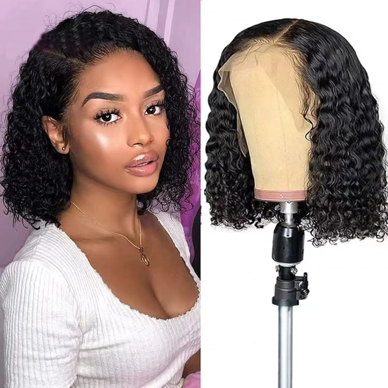 Wig Bob pendek rambut Wig gelombang dalam 13X4 renda Frontal Wig Brasil Virgin 4x4 renda penutup Wig Bob keriting dalam UNTUK WANITA warna alami