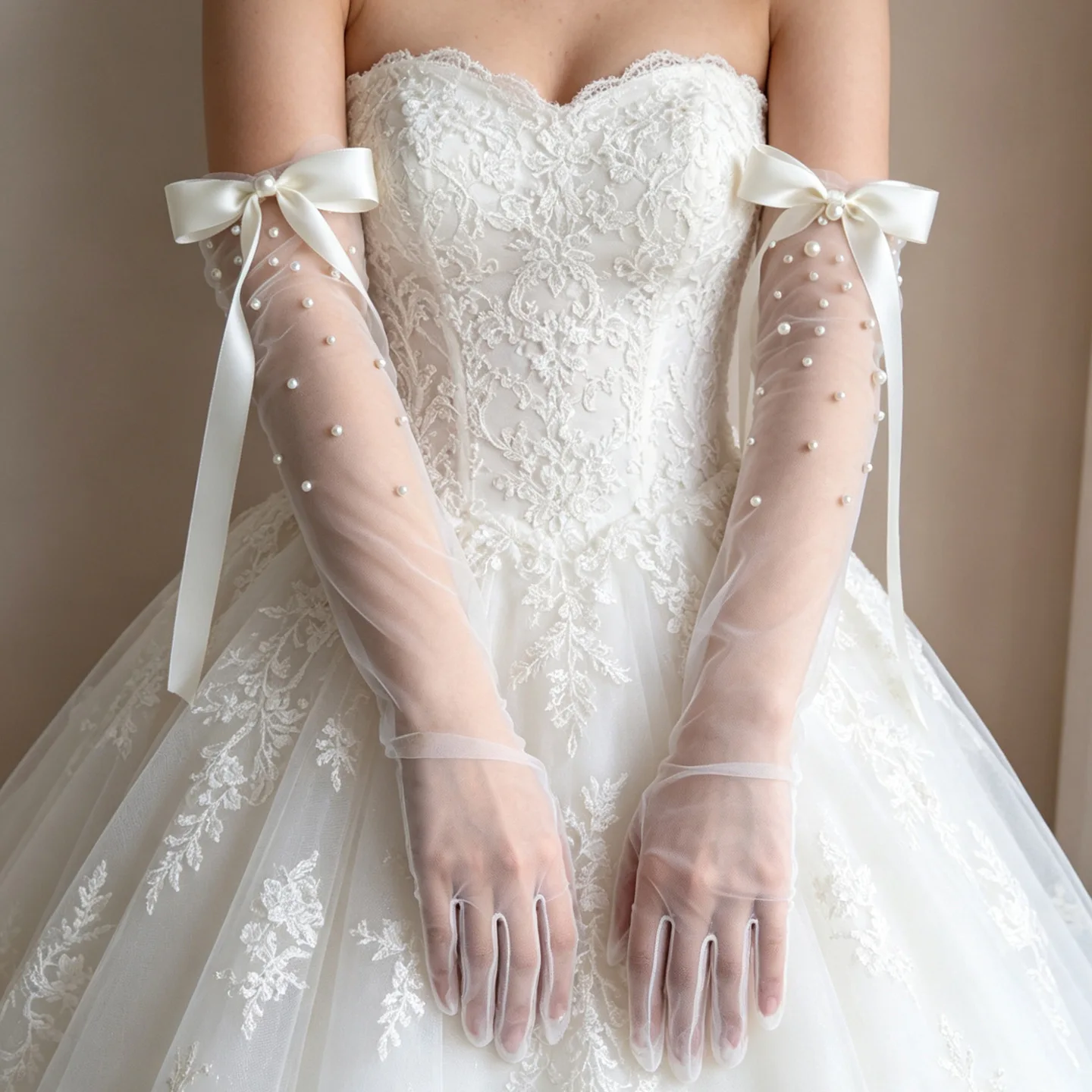 Fairy Long Bridal Gloves Tulle with Pearls Ivory Wedding Gloves L&P DQL Studio