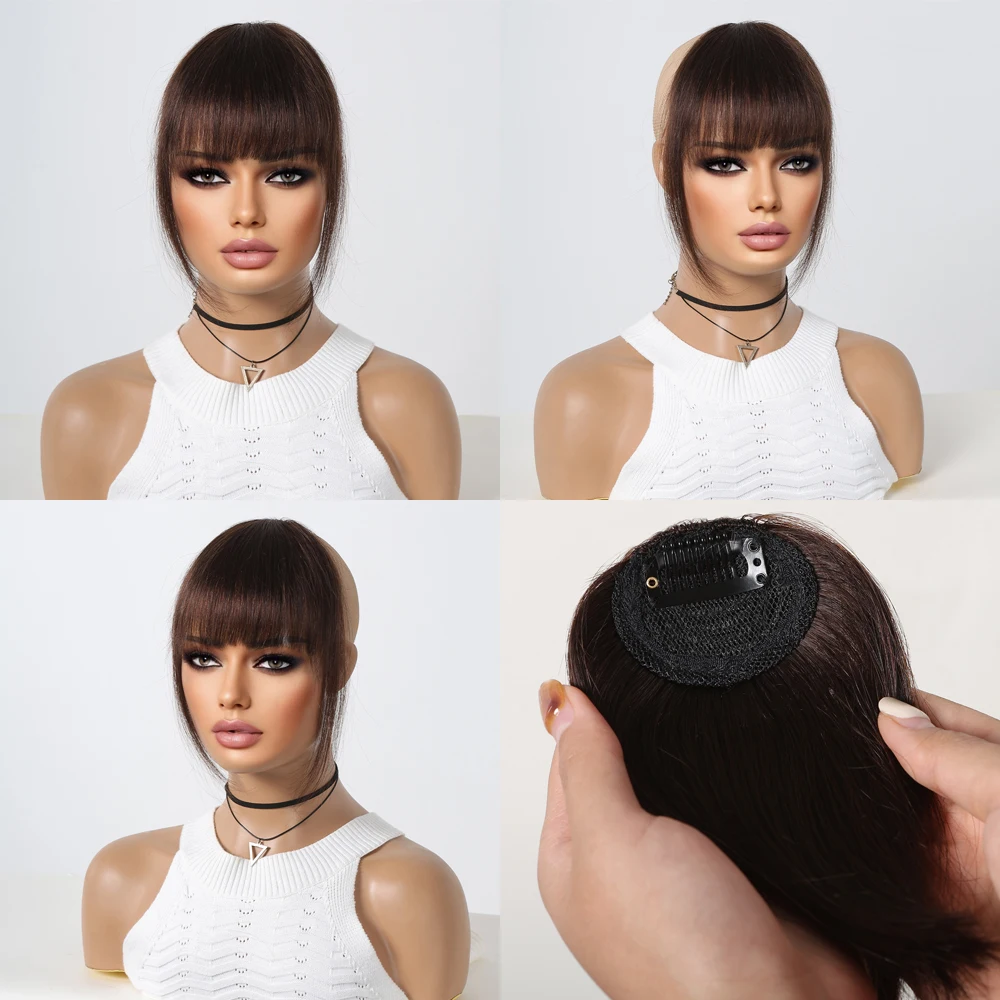 Clip in Bangs Hairpieces Real Human Hair Fake Bangs Hair for Women Wispy Fringe Bangs Natural Brown Hair Extensions Daily Use