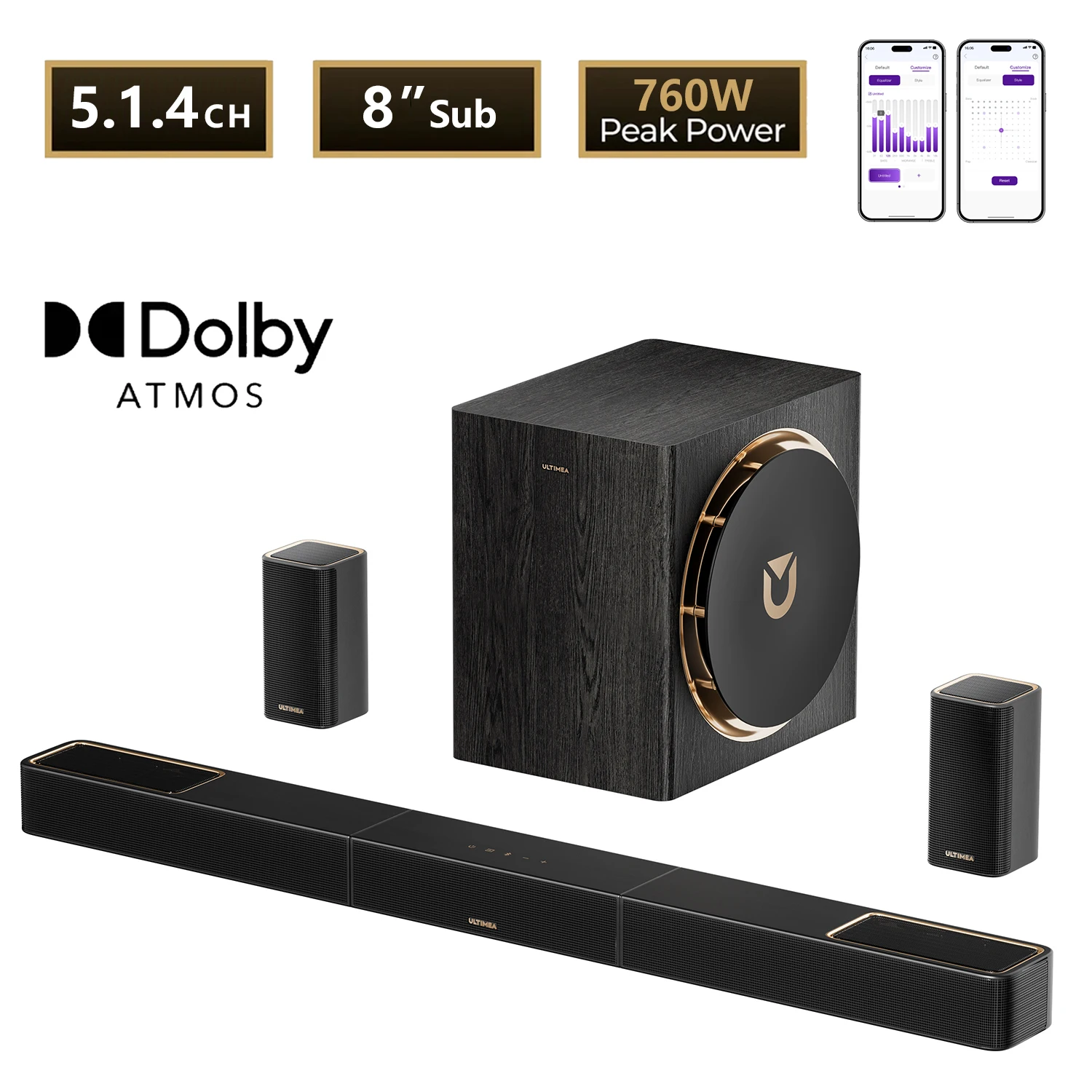 ULTIMEA 760W 5.1.4ch Soundbar met Dolby Atmos, Surround Sound Systeem TV Soundbar met 8 inch Subwoofer & 2 Draadloze Achterluidsprekers