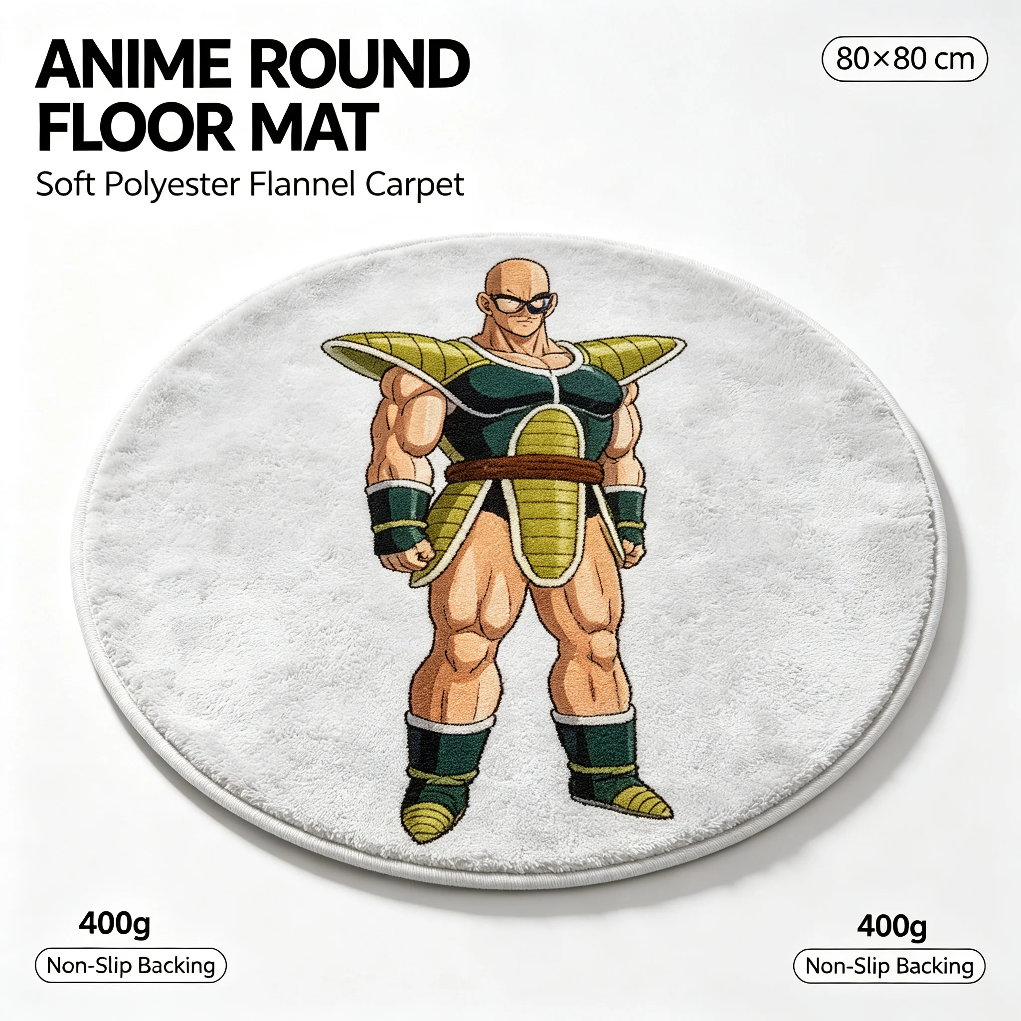 Dragon Ball Nappa Anime Round Floor Mat Soft Polyester Flannel Non‑Slip Carpet 80×80cm Anti‑Slip Round Rug for Bedroom Living Room Gaming Room Home Decor Anime Fan Collectible Gift