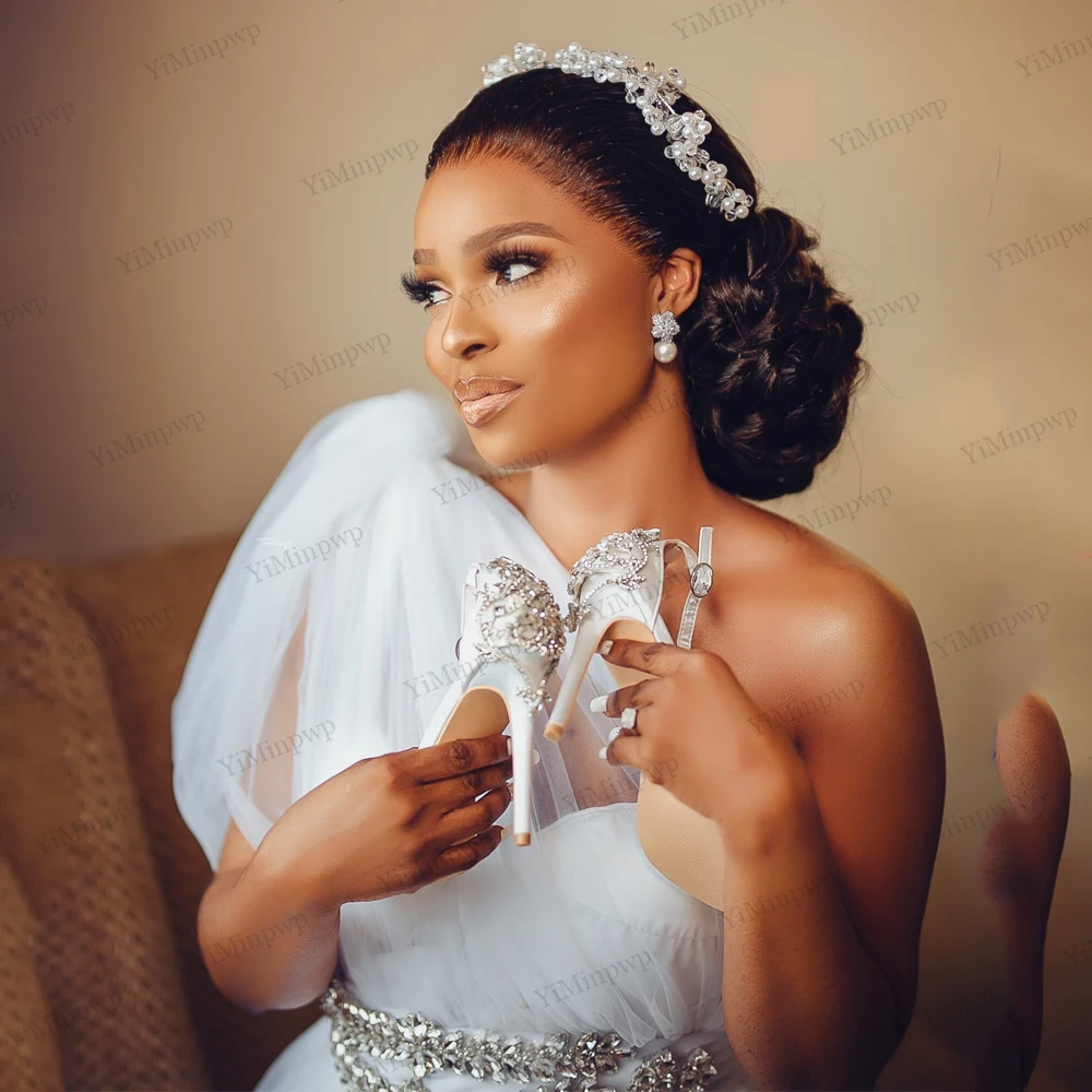 YiMinpwp White Wedding Dresses Bridal Shower Dress Bride Robes One Shoulder Side Split A Line Crystal robes de mariee Customized