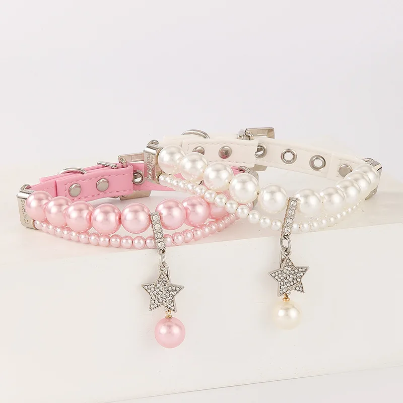 

Luxury Pearl Pet Collar and Leash Set – Adjustable Necklace Design with Star Charm for Small Dogs and Cats