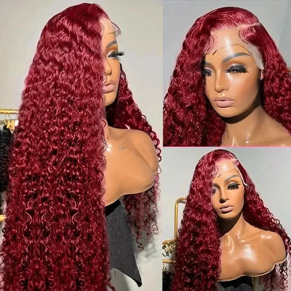 Krullend Bordeauxrood 13X6 Hd Lace Frontale Pruik Human Hair Brazilian 99j Rood Gekleurd Deep Wave 13X4 Lace Front Human Hair Pruiken Voor Vrouwen