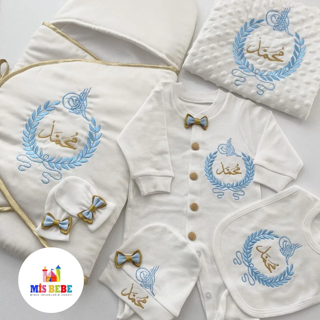 Luxurious Newborn Baby Boy Outfit Set - Personalized with Name, Embroidery, and Bow Details