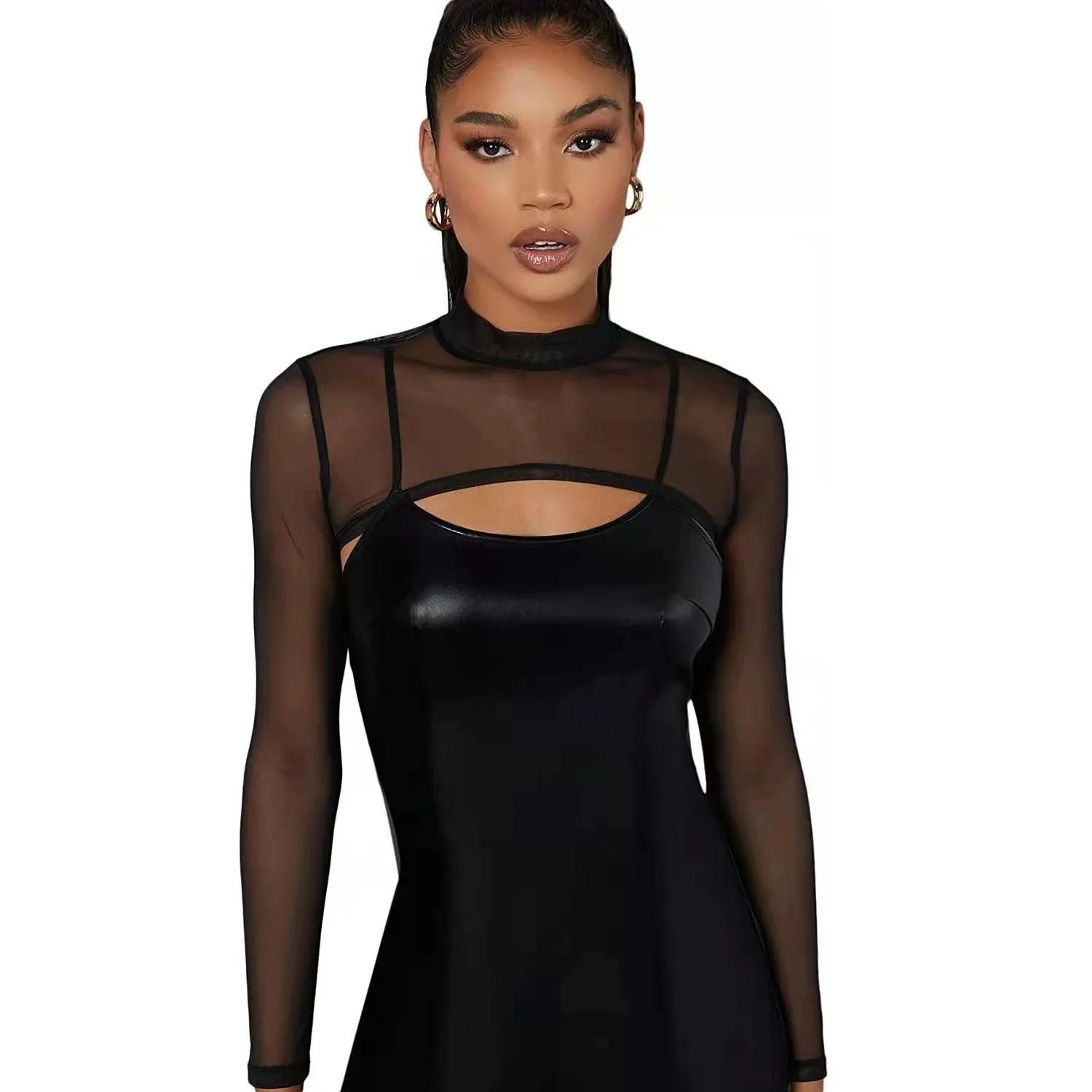 Women's Sexy Black Plain Mock Neck Mesh Cut-Off Long Sleeve Sheer Shrug Shirt Slim Fit Top Y2k Streetwear