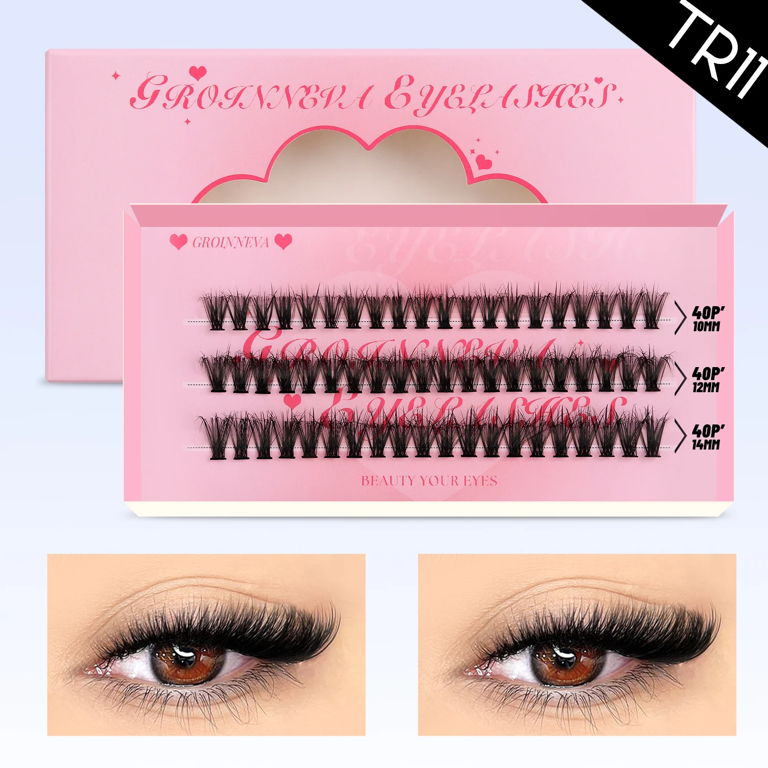 GROINNEYA Wimpern-Cluster, DIY-Wimpernverlängerung, gemischte Tablett-Cluster, Wimpern, flauschiges Volumen, einzelne Wimpern, Katzenaugen-Wimpernverlängerung