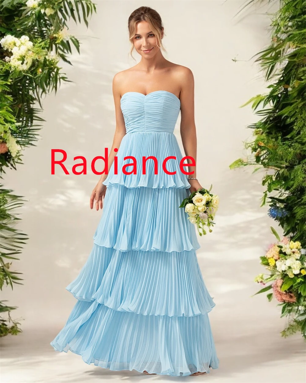 Vestido de noche de gasa azul claro exquisito personalizado, vestidos para ocasiones especiales sin tirantes de alta calidad sin mangas con cremallera en la espalda