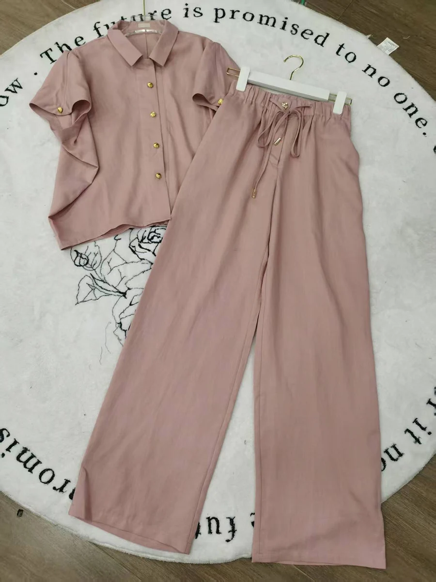 

Elegant luxurious women's pure linen solid color elastic waist trouser suit