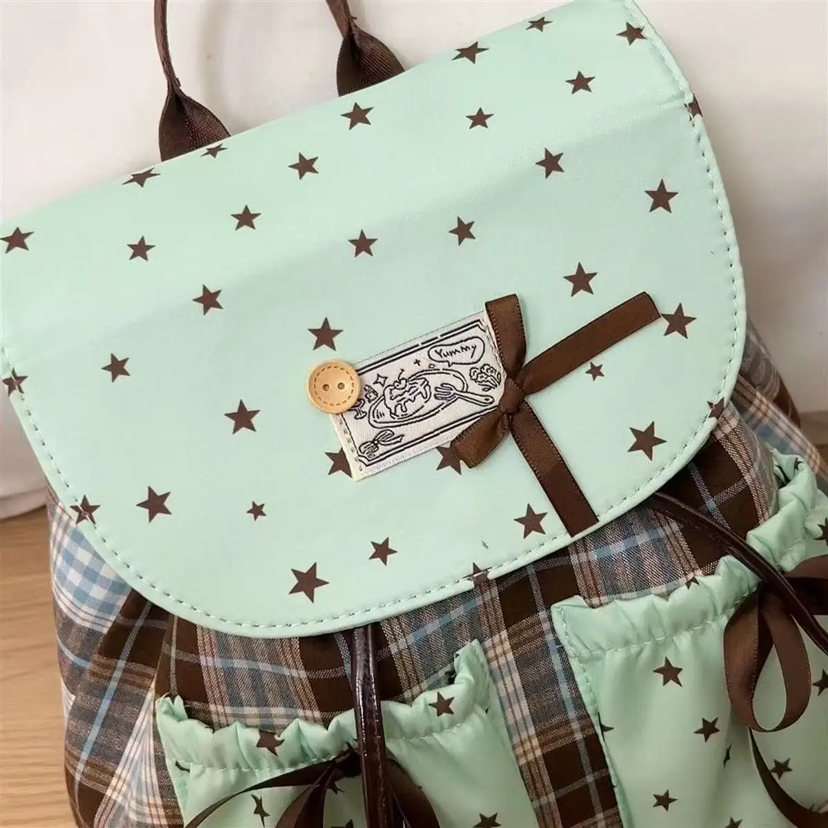 Korean Plaid Star Print Backpack Women Sweet Bow Drawstring School Bag Y2K Aesthetic Casual Travel Daypack for Teen Girls