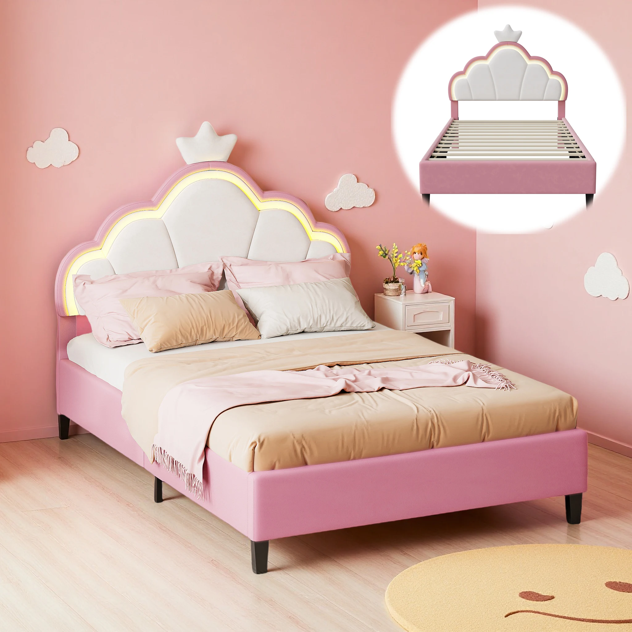 Lit fille 90x200 cm, Lit Simple Rembourré avec LED, Lit princesse pour Enfant et Adolescents, sommier à lattes, Velours, rose