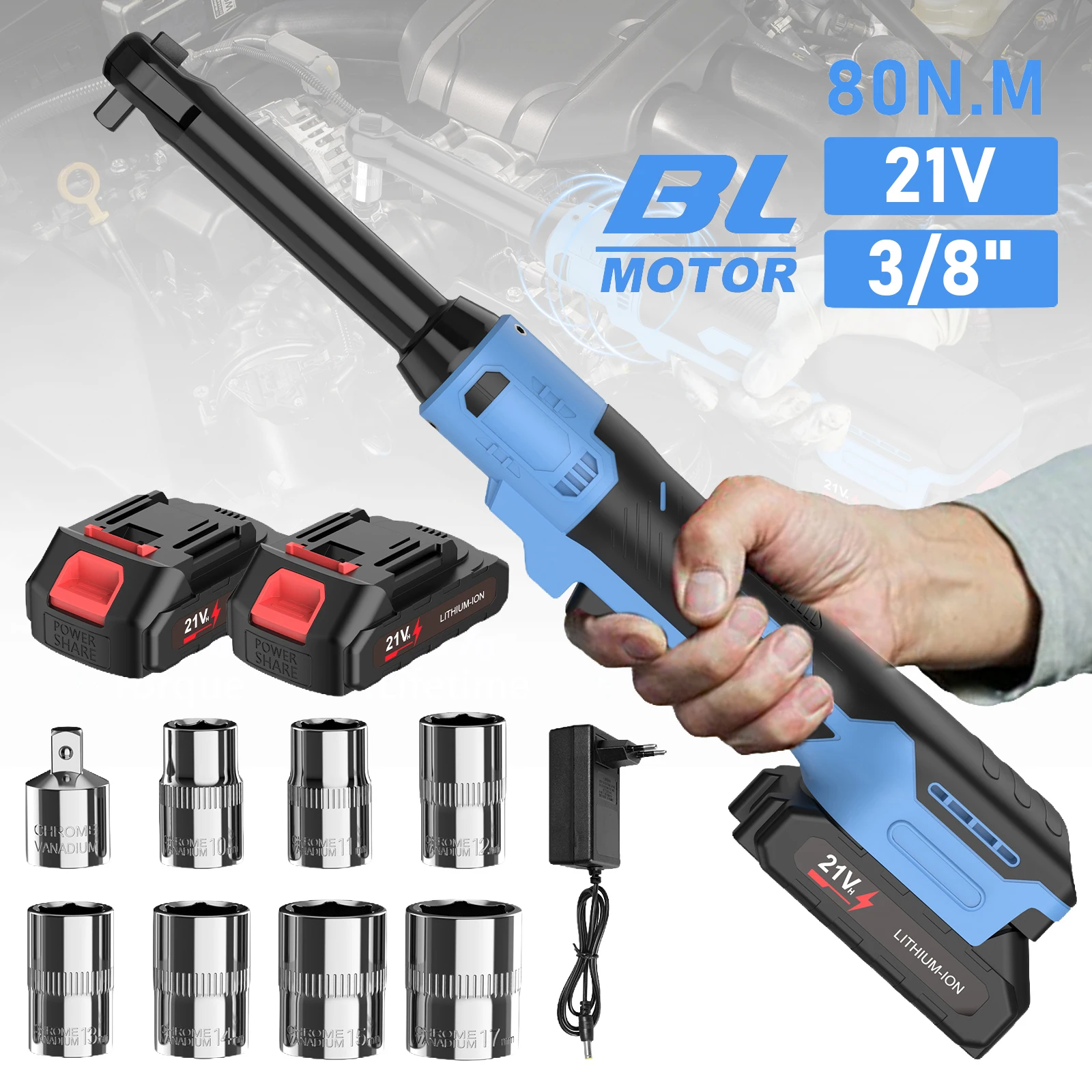 Clé à cliquet électrique sans fil 3/8 ", clé sans balais 80Nm avec 2 batteries et 8 douilles pour réparation automobile, pour batterie Makita 21V