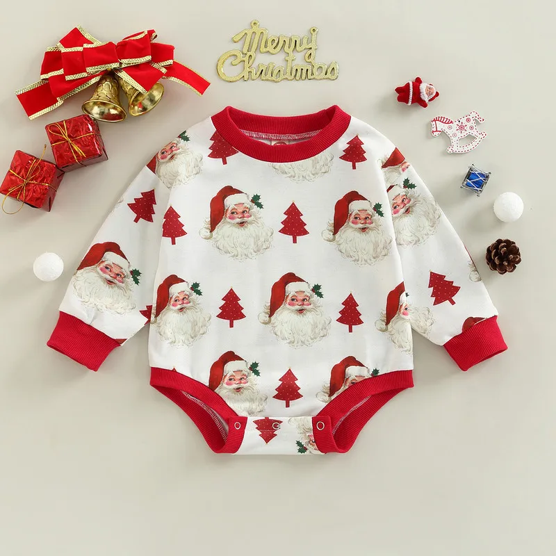 RUEWEY Christmas Newborn Baby Girl Boy Clothes Autumn Winter Bodysuit Baby Stuff Santa Tree Print Long Sleeve Jumpsuit for Kids