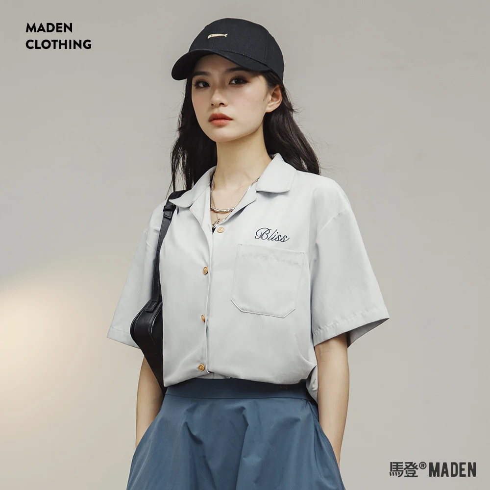 Maden Cuban Collar Short-sleeved Thin Shirt for Women's Summer with Contrasting Letter Embroidery Loose Casual Layered Tops