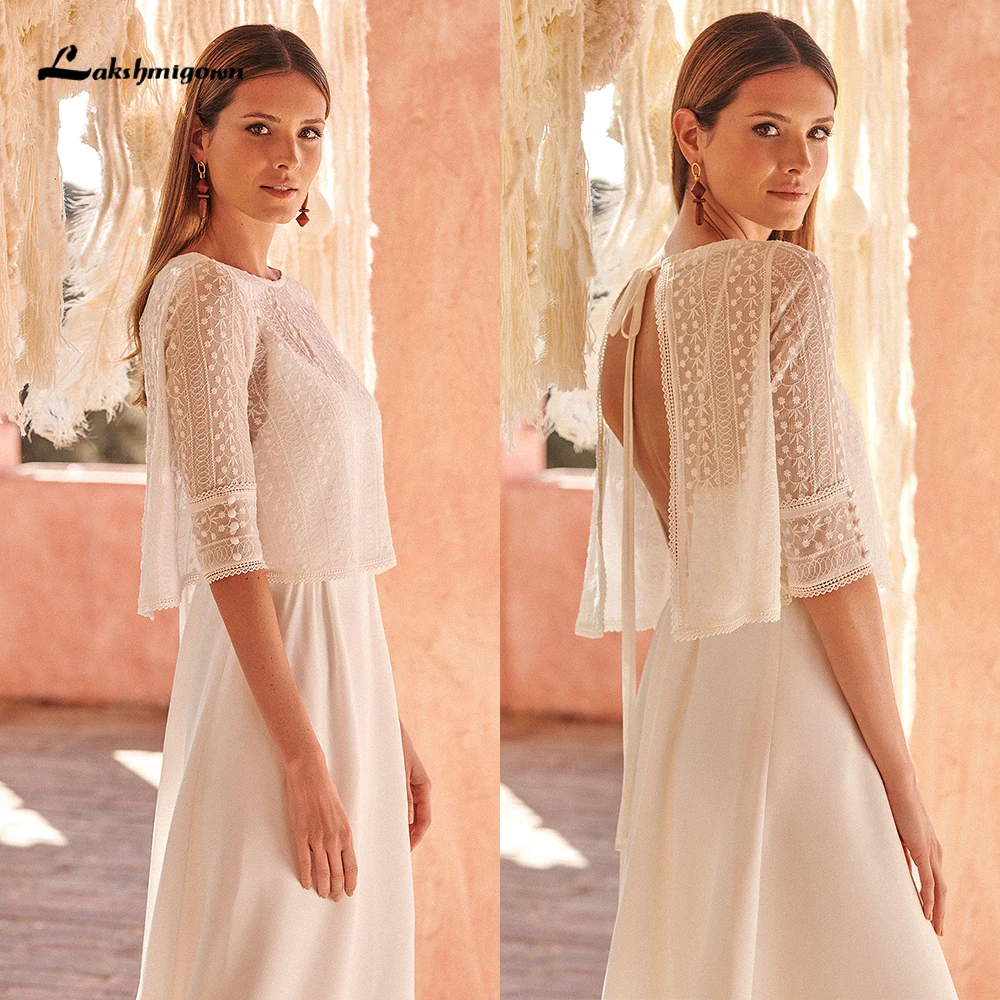 Boho Halter manica corta con cappuccio Sexy aperto sul retro in pizzo Top in Chiffon A Line abito da sposa per le donne abito da sposa robe de