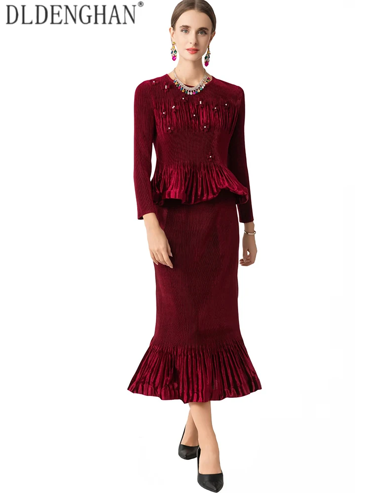 DLDENGHAN Women O-Neck Long-sleeved Elastic Waist pearl Diamonds Decorate Spring Autumnal Decorate High Street Solid 2-Piece