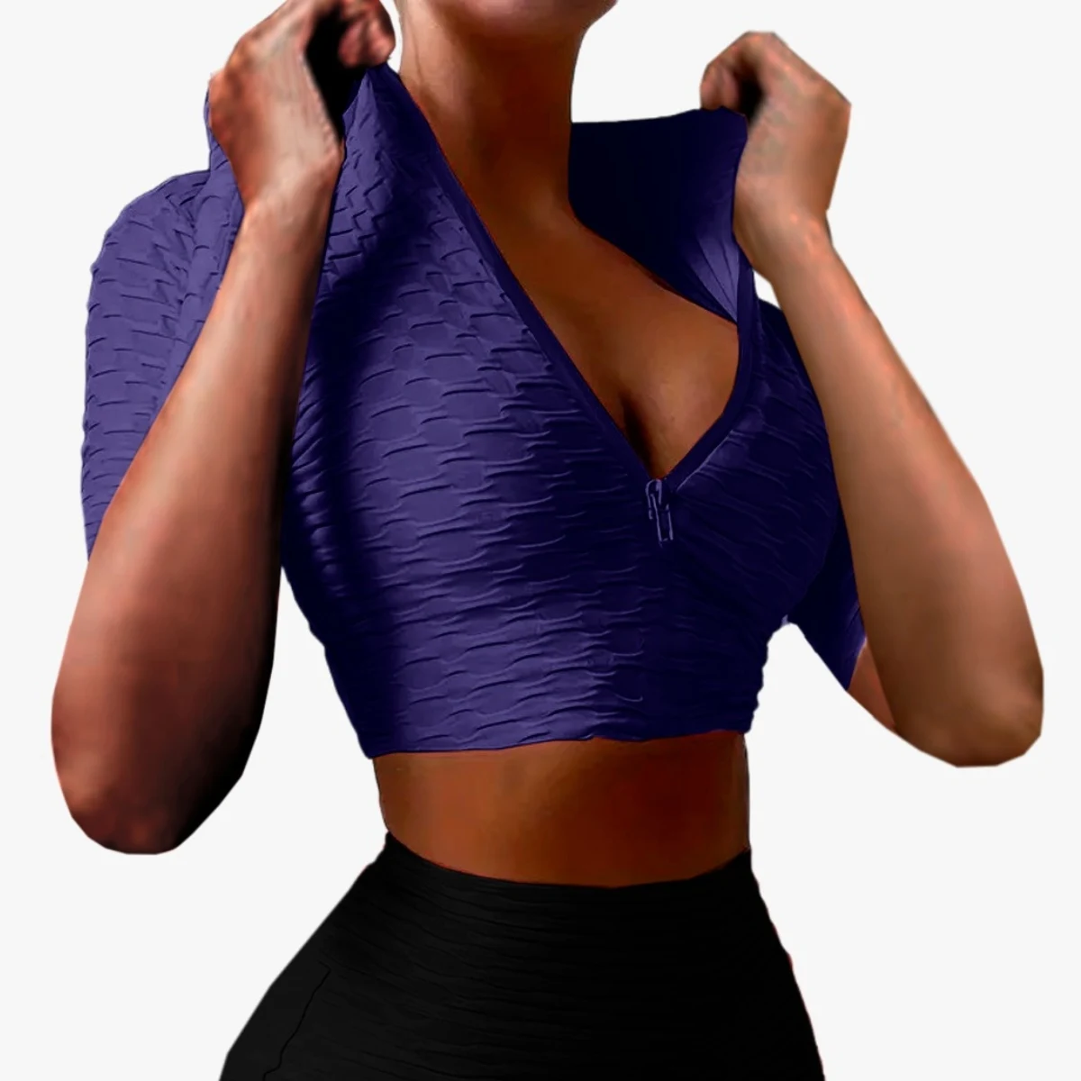 Blusa Crop Top Textura de Panal Mujer con Cierre Ajustable Manga Corta Deportes Calida Comoda Moda