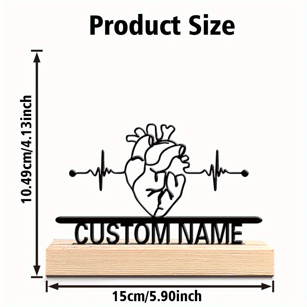 Personalized Heart Anatomy Chart  Custom Name Medical Office Decor, Elegant Heartbeat Lines Metal Art Sculpture with Wooden Base
