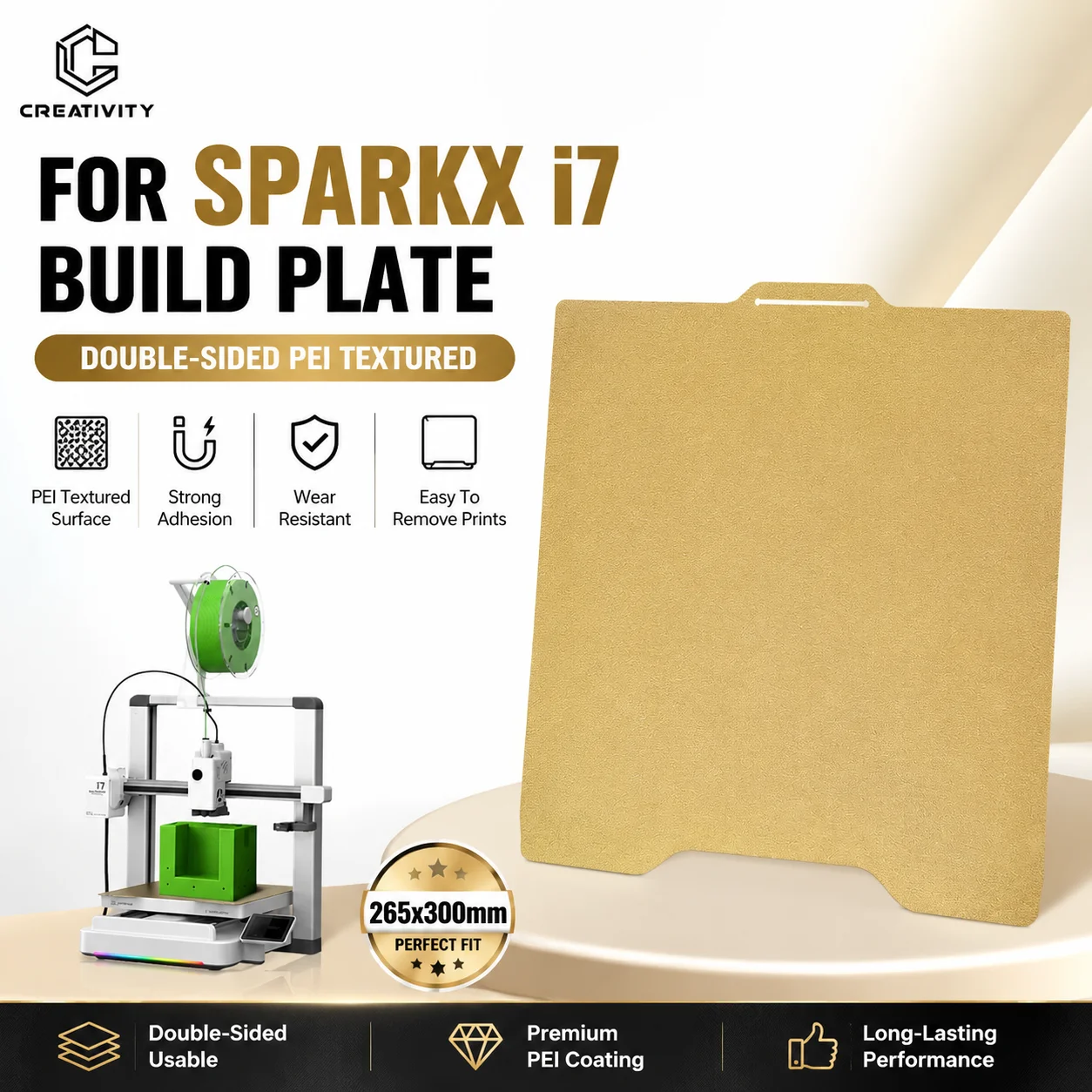Double-Sided PEI Textured Build Plate for Sparkx I7 265x300mm Removable Heated Bed Platform Gold Coated Printing Surface for I7