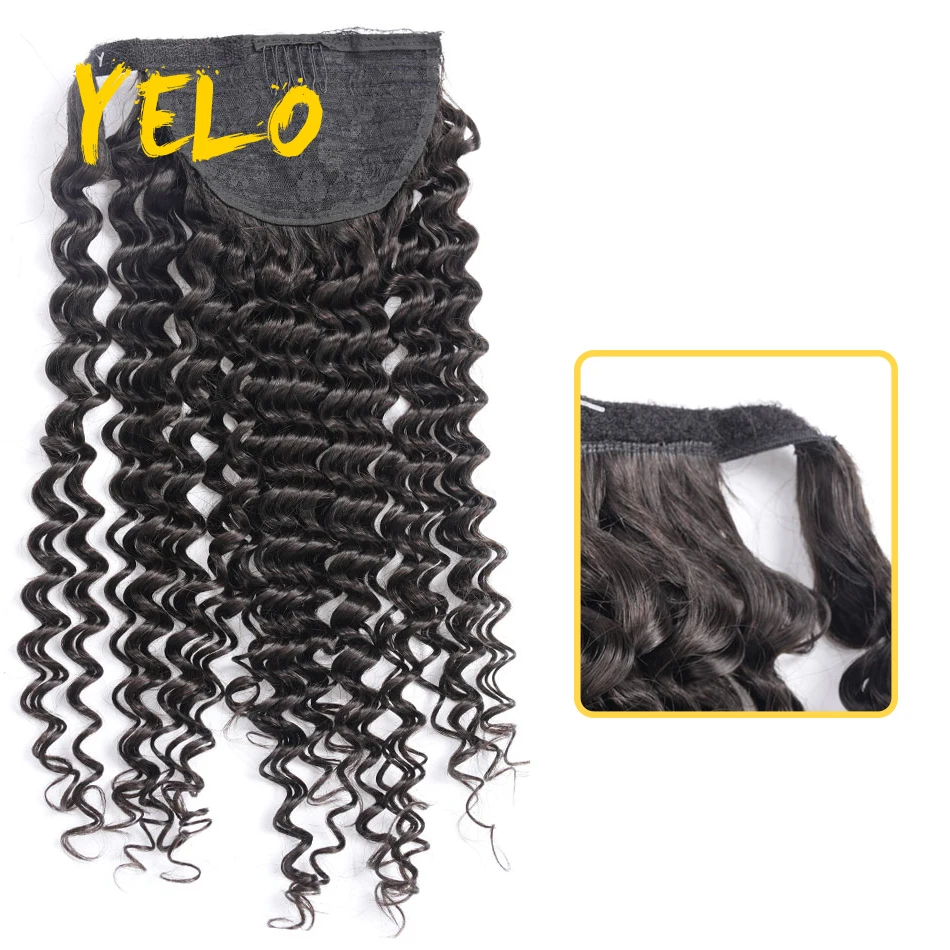 Yelo Warp Around Ponytail Hair Extensions Human Hair Wave Style Bulk Hair Various Colors 14-28 Inch Deep Wave Natural Curvatuire