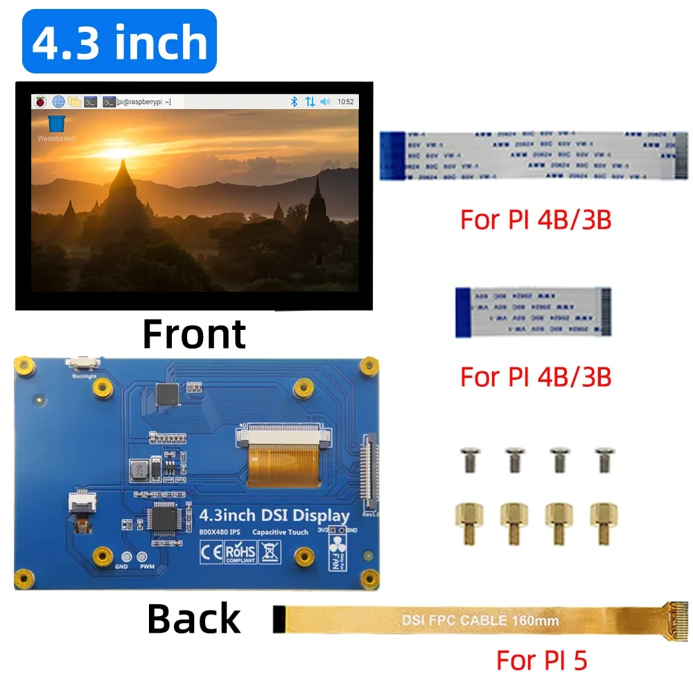 Imagem -06 - Ipistbit-monitor Lcd Ips Tft Capacitivo Tela Sensível ao Toque Dsi Raspberry pi 4b 3b Mais 3b 3a Mais 2b 1b Mais 1a Mais Polegada 800x480