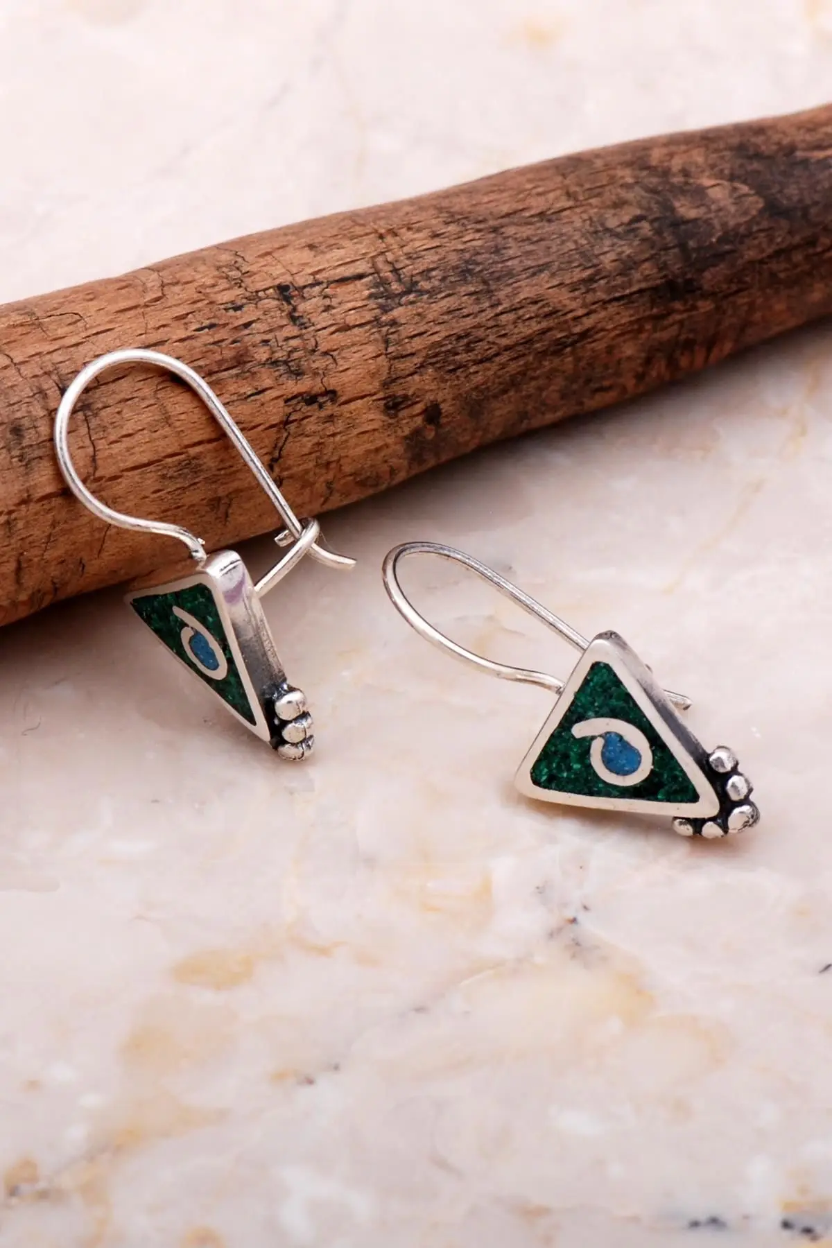 Handmade 925 Real Silver Authentic Triangle Mosaic Dangle Earrings Natural Stone Drop Earrings Birthday Gift for Her Women