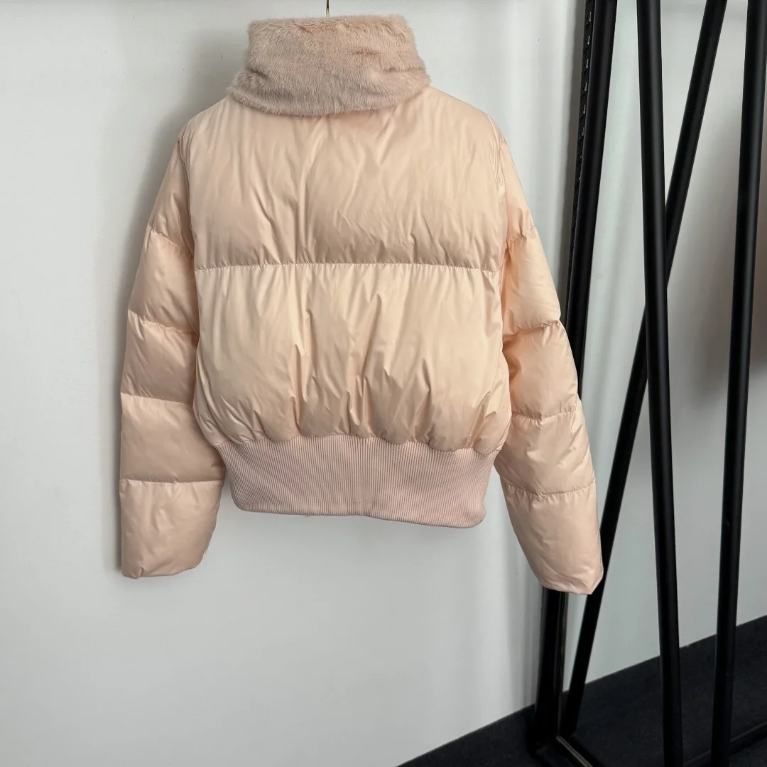 

Women's Beige Short Puffer Jacket - Faux Fur Collar Satin Texture Warm Winter Quilted Coat