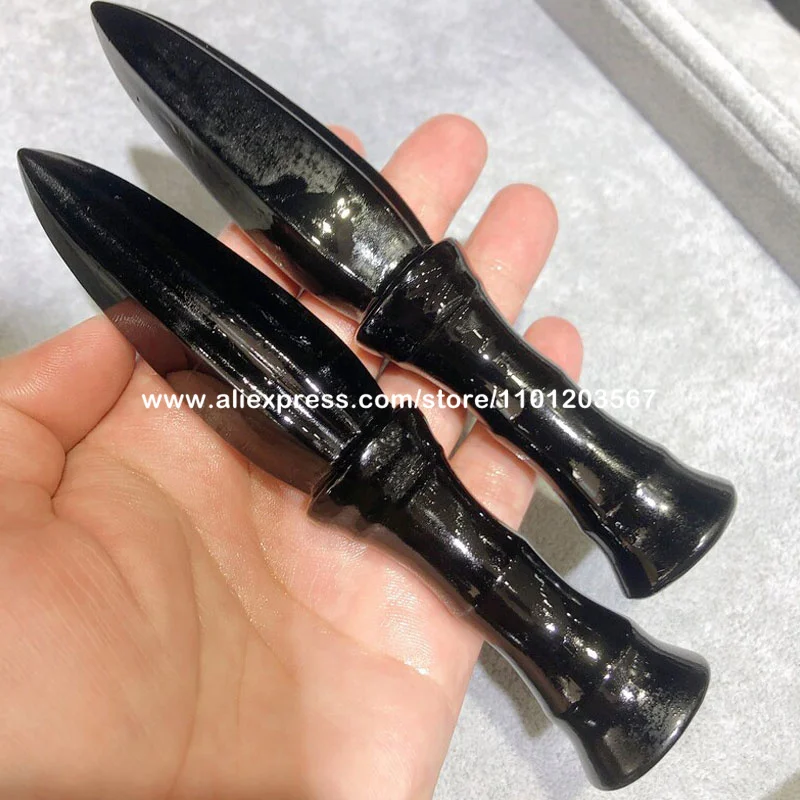 Black Obsidian Witchy Ritual Athame Wicca Gift Small Ceremonial Dagger Knife Carved Quartz Crystal Gemstone Decorative Sword