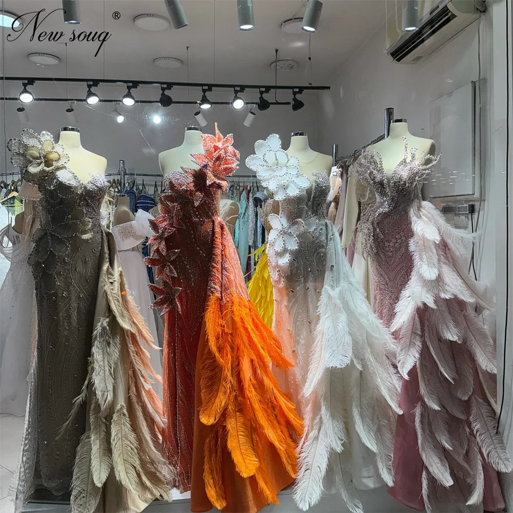 Robes de soirée à perles blanches, avec traîne en plumes fendues, cristaux élégants, robes de fête de fiançailles, Robe de Cocktail personnalisée