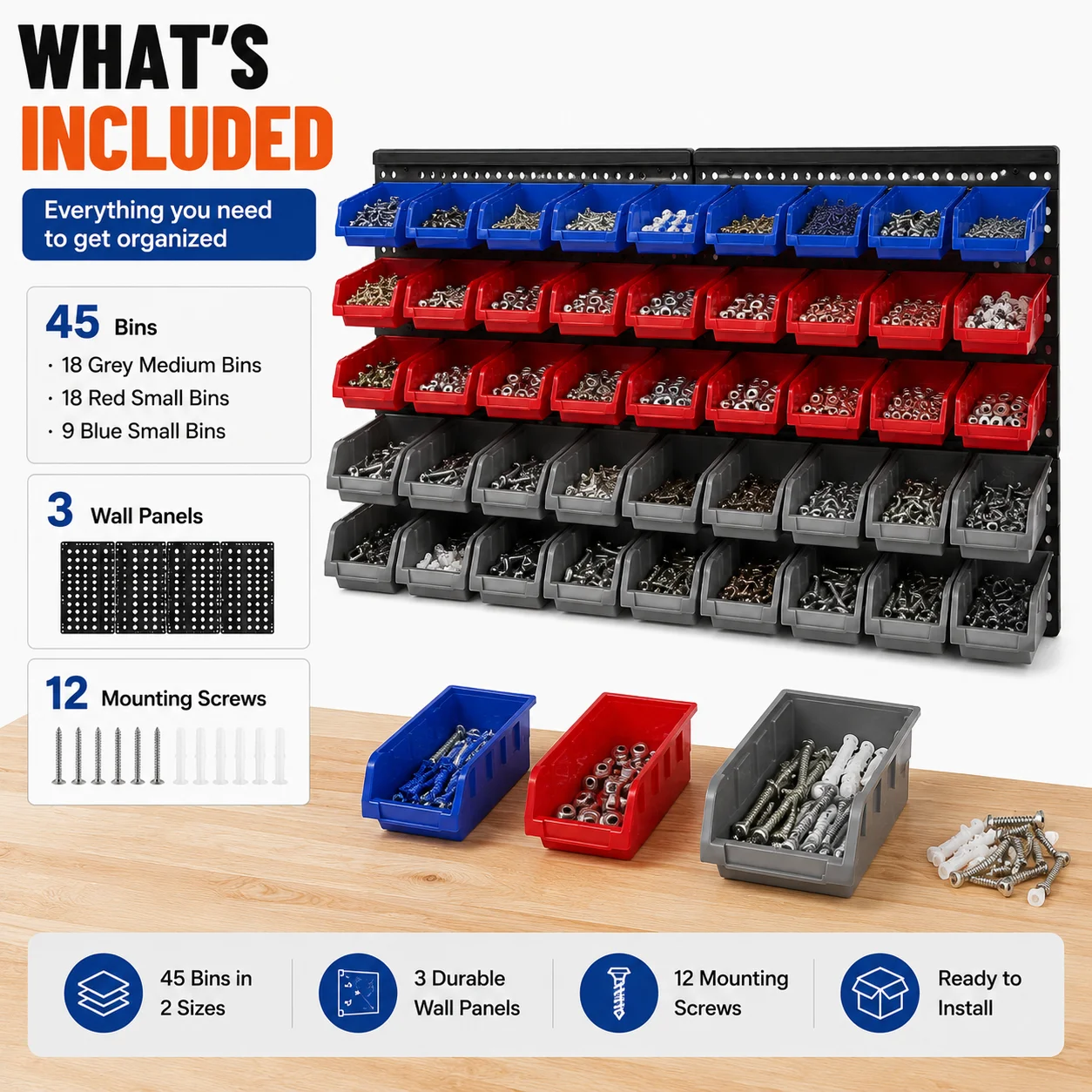 45 Bin Wall Mounted Garage Parts Organizer