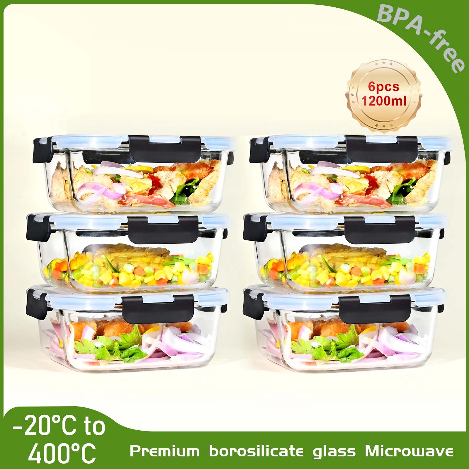 Récipients de conservation des aliments en verre de 800/1200 ml, conception étanche à l'air, coffre-fort pour micro-ondes, lavable au lave-vaisselle, récipients de stockage de cuisine sans BPA