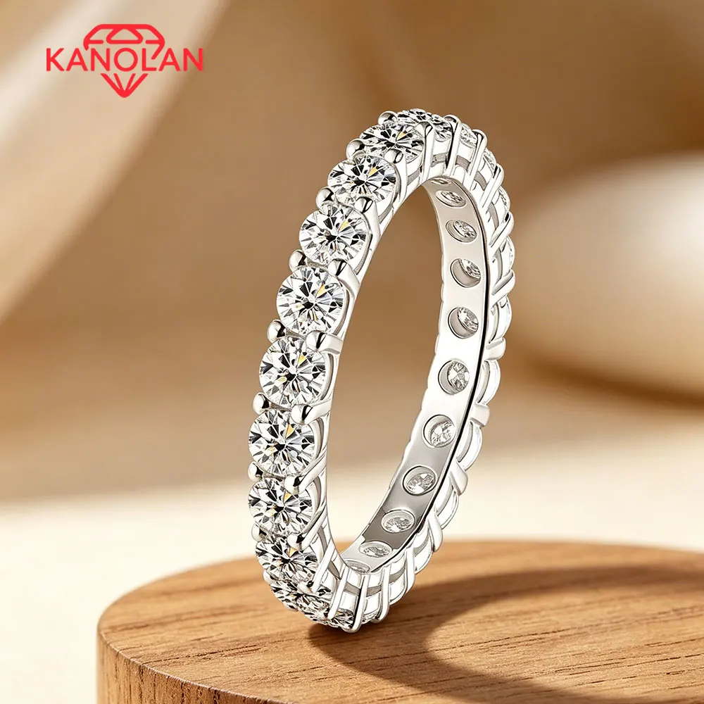 

KANOLAN 3mm/4mm/5mm Moissanite Eternity Band Rings for Women GRA Certified Round Brilliant Cut 925 Sterling Silver Wedding Ring