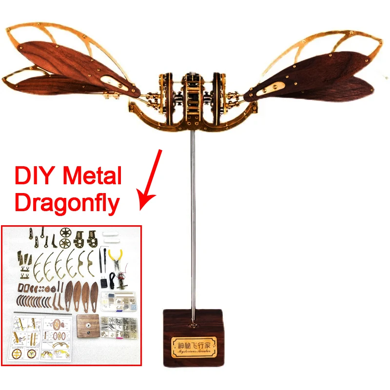 

DIY Parts Metal Mechanical Dragonfly Assembled Model Kit Walnut Base Display Decoration Birthday Gift Movable Assembled Toys