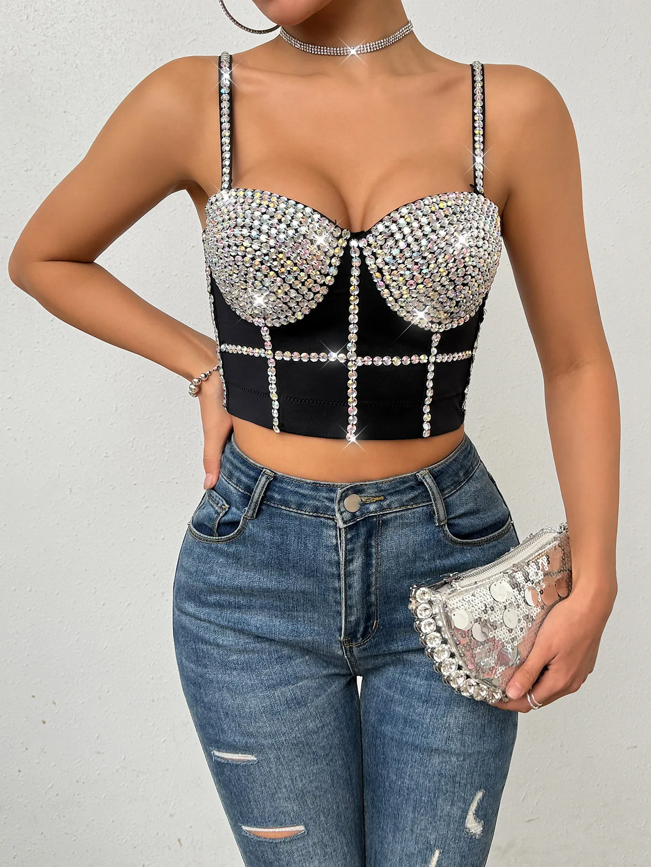 

Rhinestone Women Crop Top Club clothes Streetwear Y2K Corset Women Shaper Camis Fashion Female Push Up Bustier Club Bra Clothing