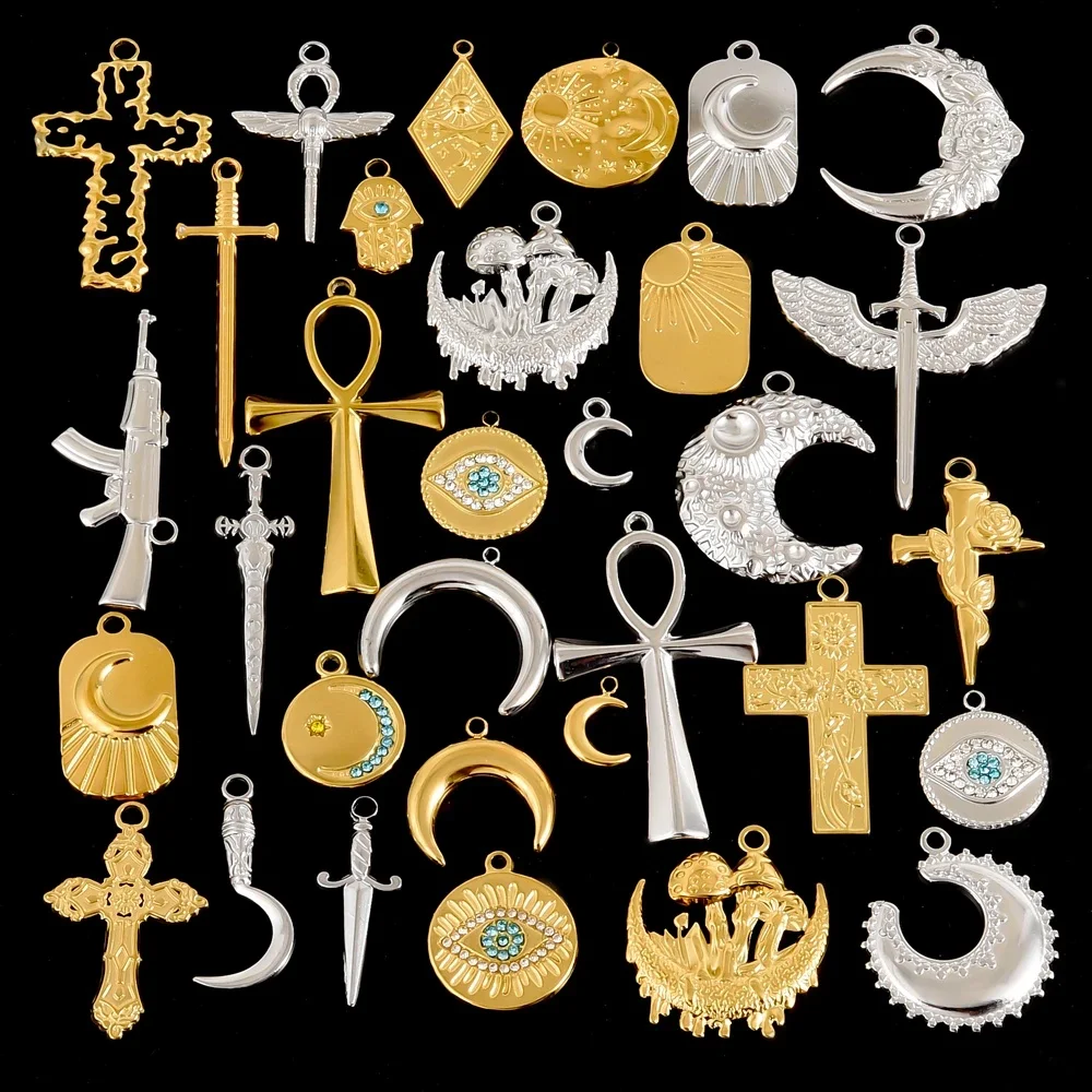 7Pcs No Fade Stainless Steel Wicca Moon Sun Egyptian Ankh Life Cross Pendant DIY Fatima Hand Turkish Evil Eye кулон Biżuteria — zdjęcie 2