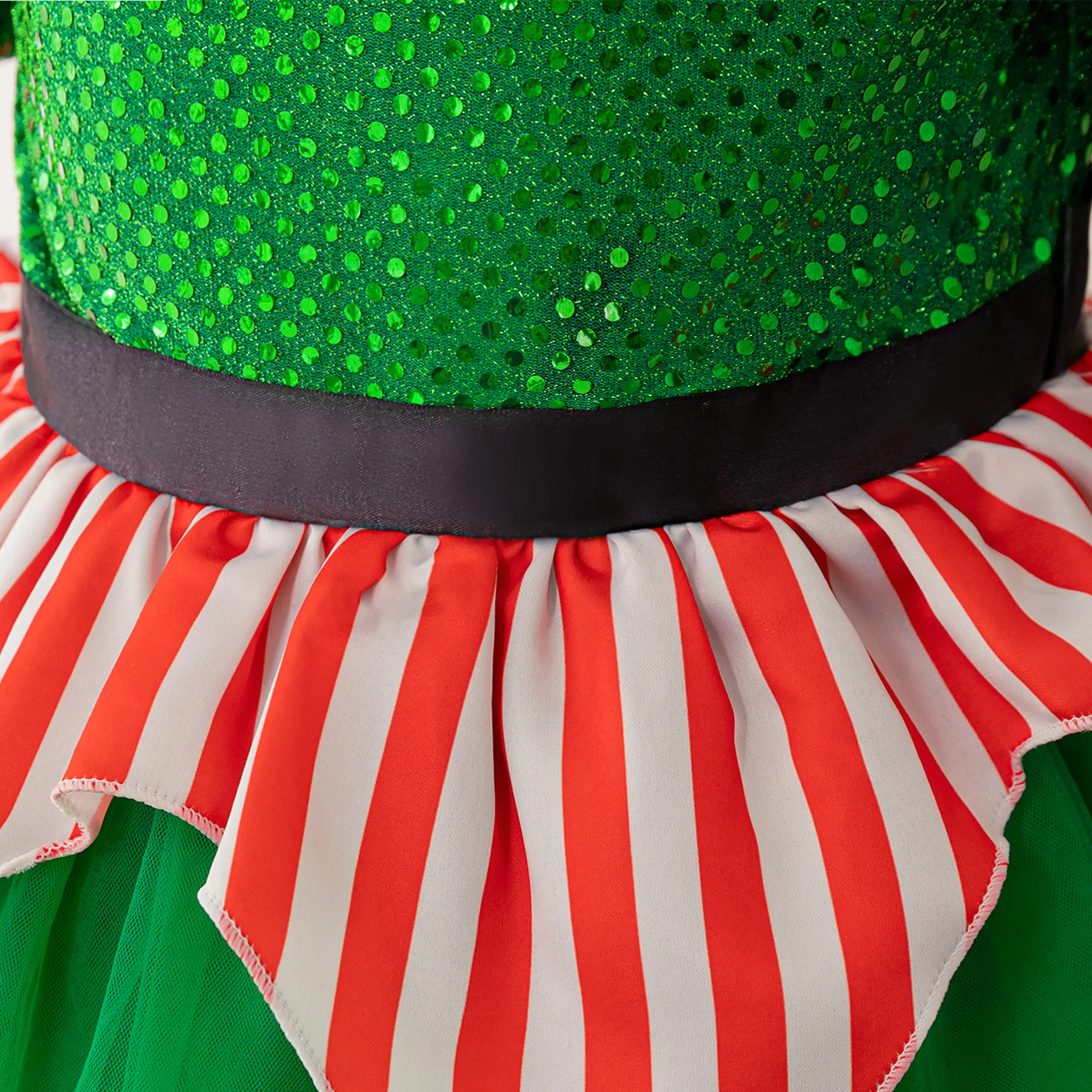 Mesh Christmas Party Stripe Tutu Dress Girls Green Puff Sleeve Carnival Dresses Kids Santa Claus Clothes Girl New Festival Gown