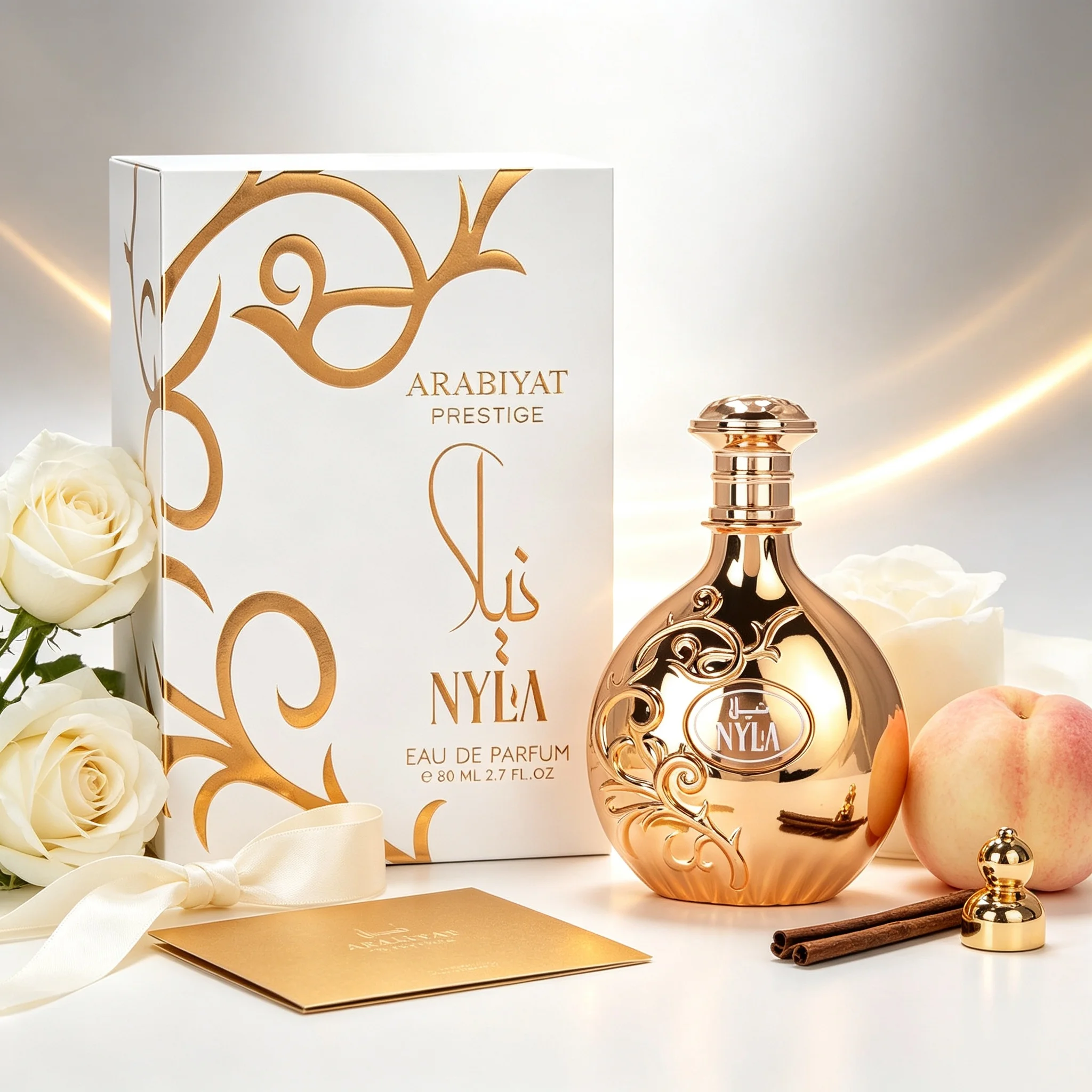 Arabiyat Prestige Nyla Women EDP Opulent Mild Rich Soft Juicy Peach White Jasmine Vanilla Musk Woody Fragrance Mirror Gold Embossed Bottle Gold Dome Cap White Gold Arabesque Box Calm Gentle Feminine Scent Spring Summer VIP Gala Holiday Gift Set view 4