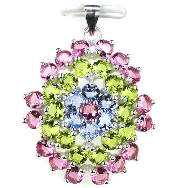 

33x26mm Jazaz Multi Color 4.6g Tourmaline Peridot Violet Tanzanite Green Emerald Wedding Gift 925 Solid Sterling Silver Pendant