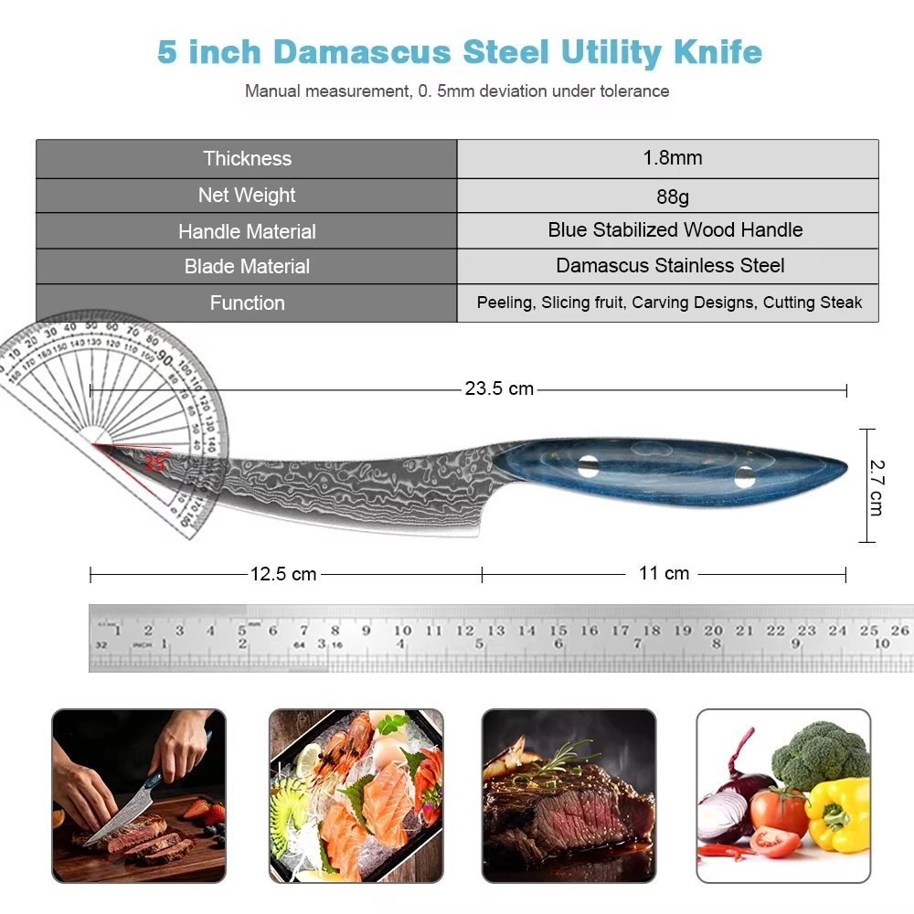 XITUO Damascus Steel 5 Inch Utility Chef's Knife Full Tang Sharp, Japanese Kitchen Knife For Meat Fruit Vegetable Steak Cooking