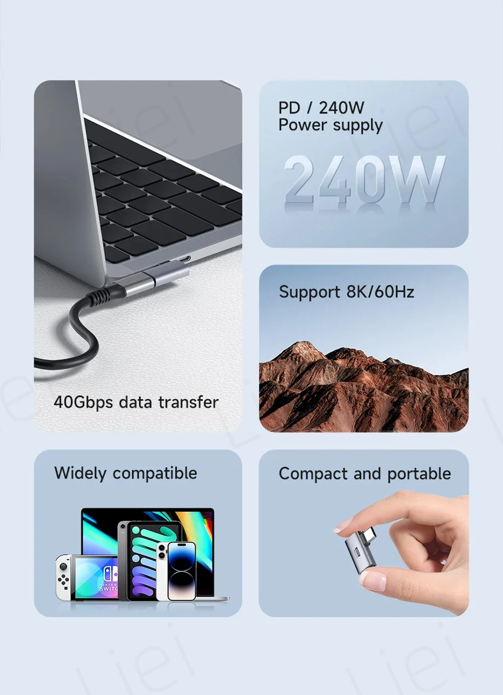 USB-C zu C Adapter 40Gbps 8K 60Hz USB-C Stecker auf Buchse 90-Grad-Winkelkonverter USB4 Adapter für Thunderbolt 4/3 MacBook Handy Tablet – Detail 4