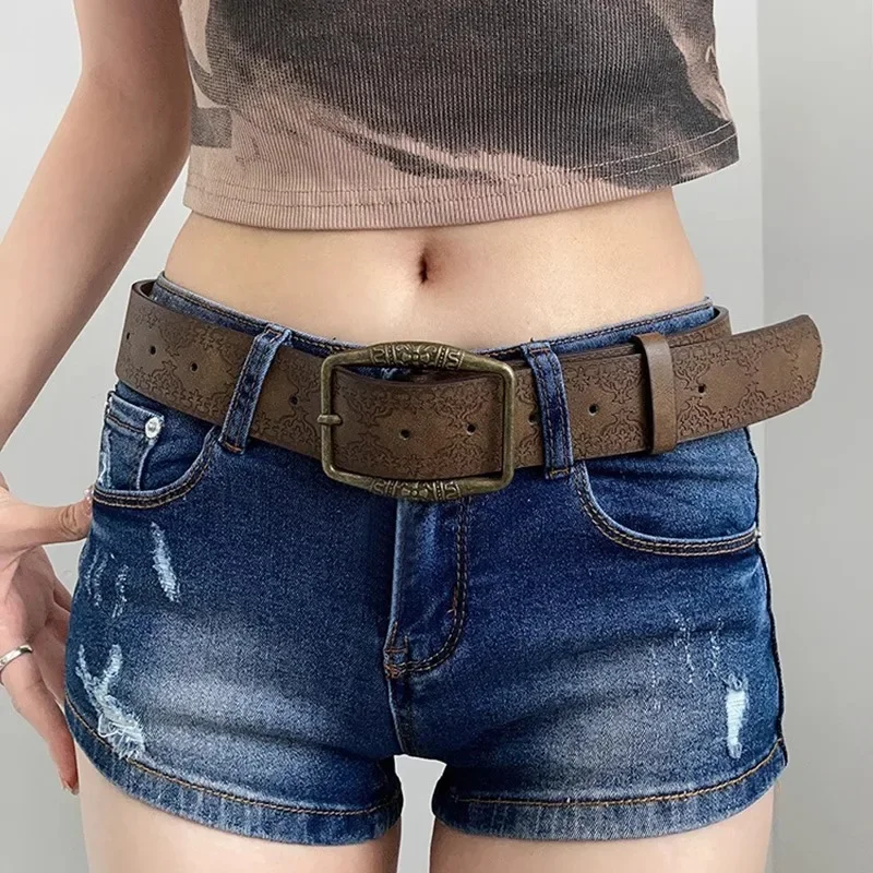 Ceinture en relief florale marron, Style Y2K américain Vintage, accessoire en Denim vieilli, ceintures en cuir ethnique artisanal décontracté pour W, 1 pièce
