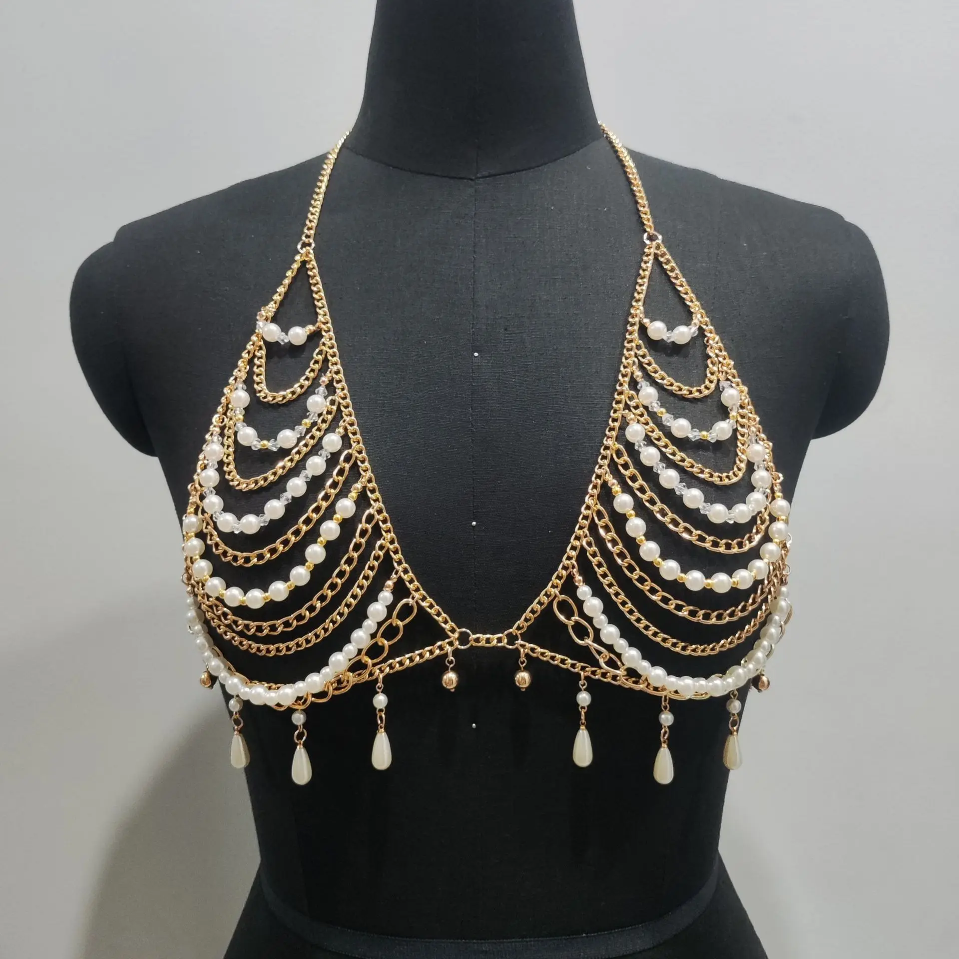 

Элегантный вечерний рейв-фестиваль с жемчугом и золотой цепочкой, бюстгальтер, украшения для тела, женский эффектный многослойный жгут, топ с бисером