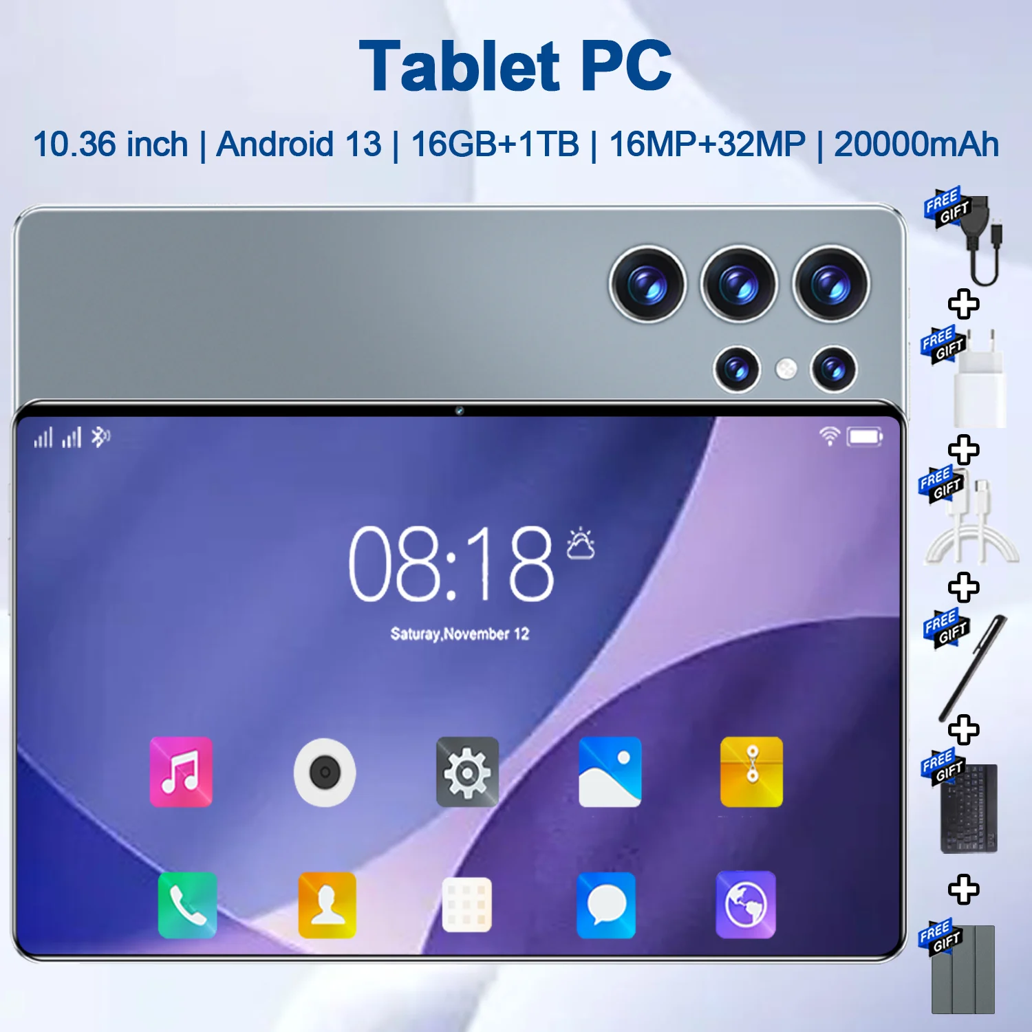 Tablet PC Versión Global 2026, 16GB+1TB, 10.36 Pulgadas, Android 13.0, 5G, Doble SIM, 14 Núcleos, Cámara de 16MP+32MP, GPS, WiFi, Oficina