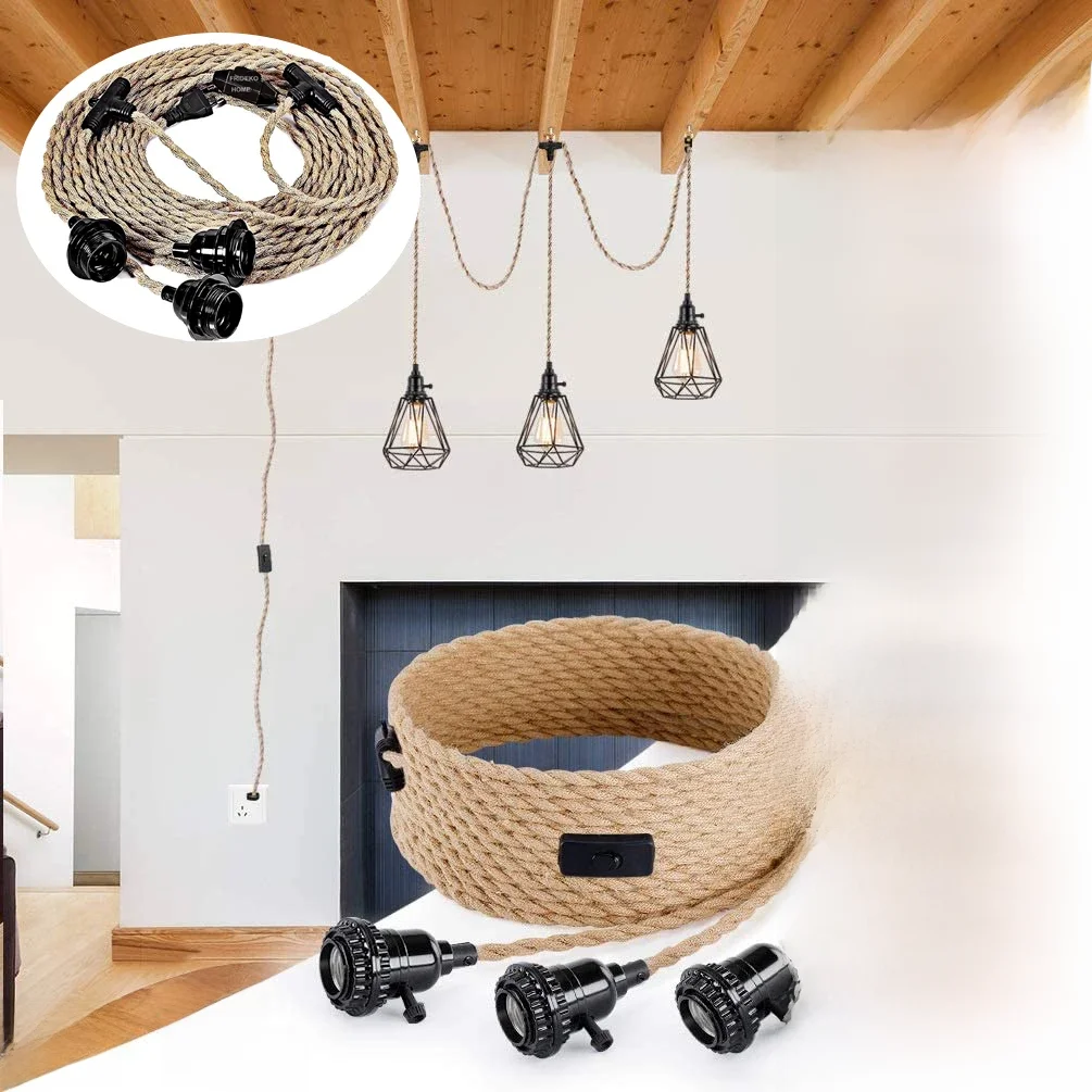 Analyste de lampes suspendues en ULde chanvre, 3 têtes, style vintage, prise US et EU, interrupteur E26, support de lampe pour simple décor de lampe de confrontation, 6.8m