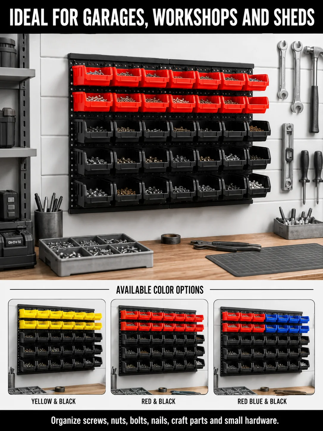 Wall Mounted Storage Bins Organizer Rack with 30 Dual Color Bins, Heavy Duty Plastic Hanging Parts Bin System, Garage Wall Hardware Holder for Screws Bolts Nuts Washers, Stackable Small Large Tool Containers for Workshop Shed DIY Craft Room