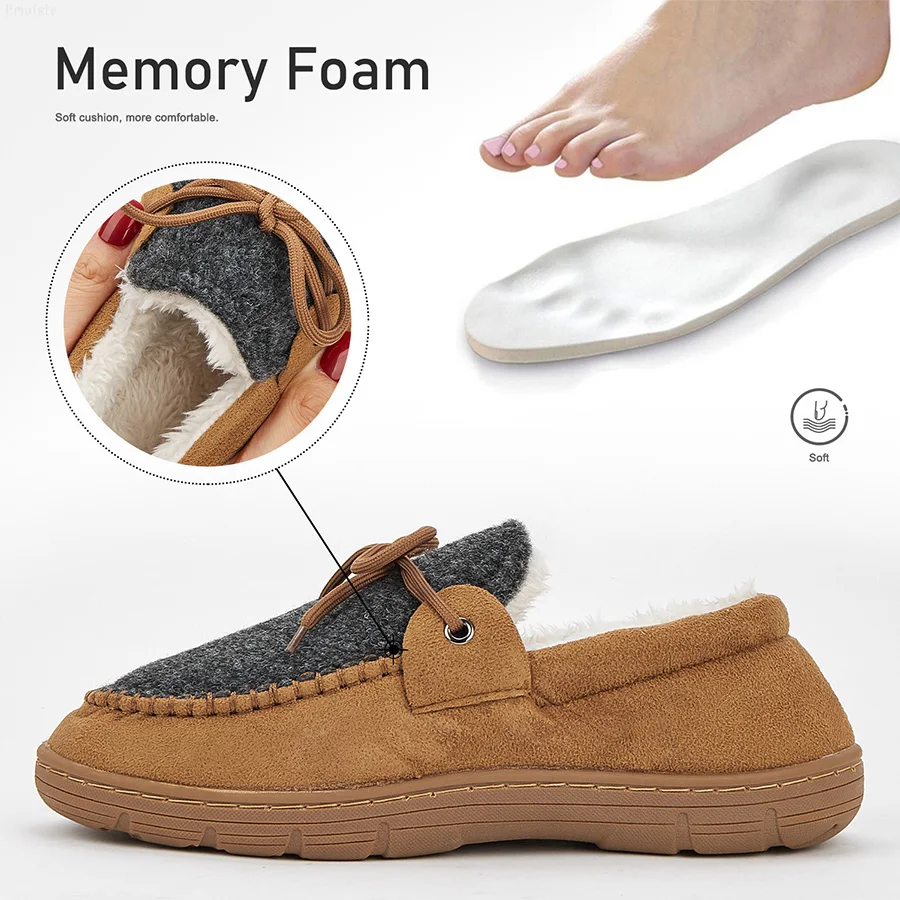 Men Indoor Slippers Patchwork Sewing Memory Foam Fuzzy Warm House Shoes Soft Non-slip Plush Slipper For Winter Luxury