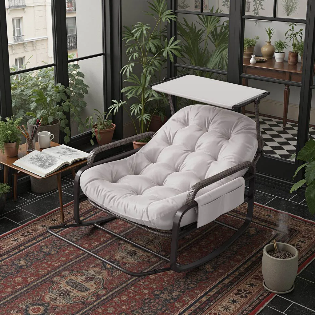 Poltrona trocking, cuscino spesso 14 cm, poggiapiedi pieghevole, tasca portaoggetti, tessuto morbido + rutina + metallo, moderno, Beige