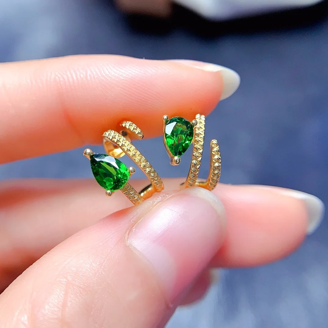 jewelry natural diopside women's earrings ear bone clip 4x6mm 925 sterling silver electroplated 18K gold gift for girlfriend's